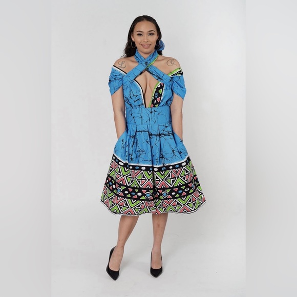 Blue Tribal Print Bohemian Handmade Infinity Midi Dress - Picture 3 of 4